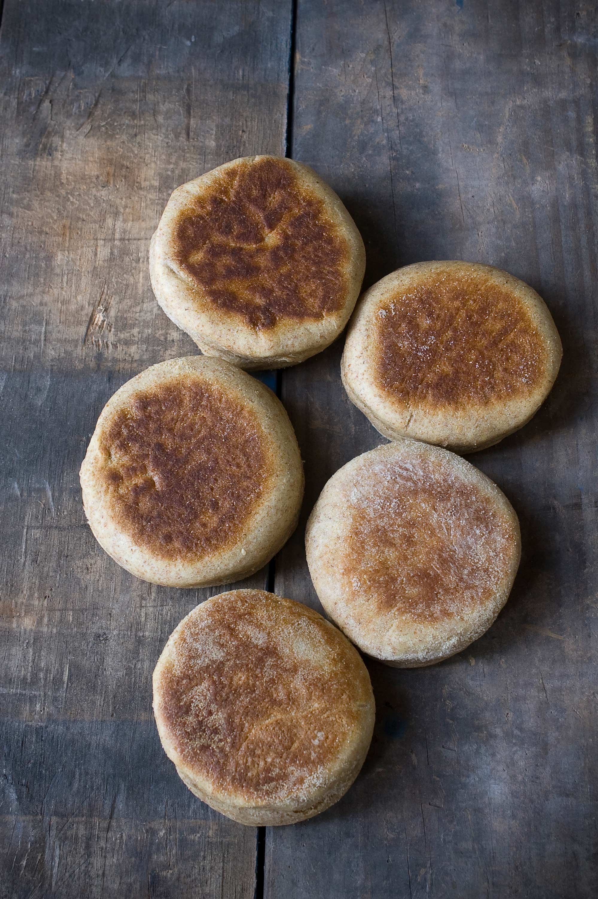 A photo of whole wheat english muffins. 
