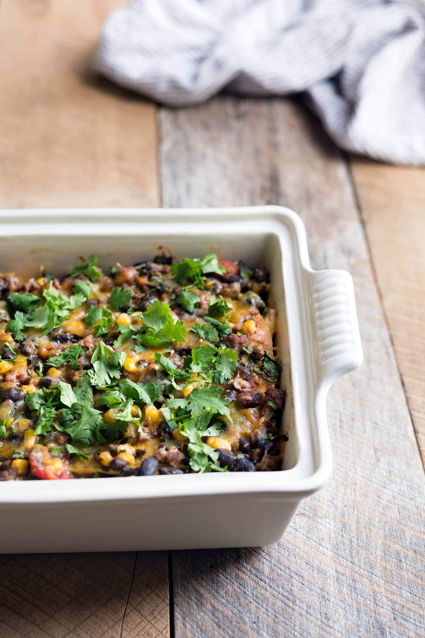 A photo of cheesy chorizo sausage tortilla casserole. 