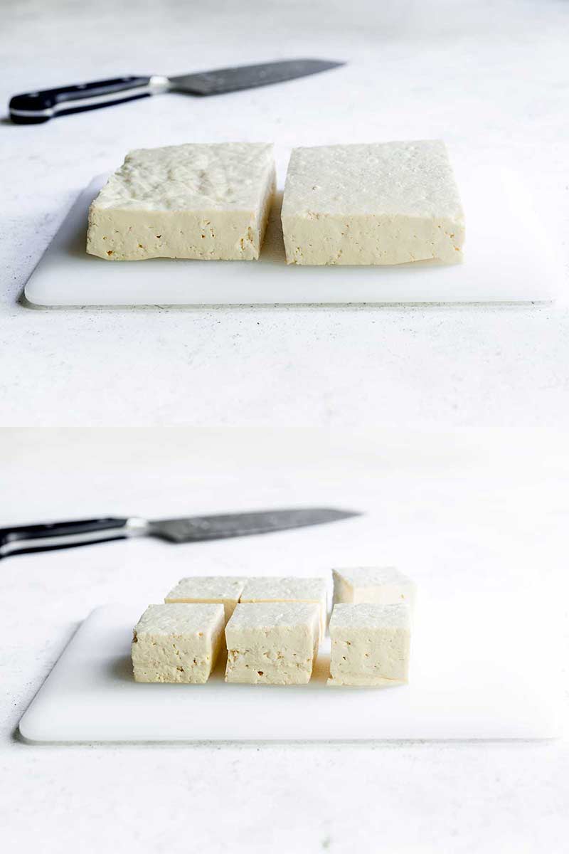 two photos spliced together: one demonstrating how to slice tofu in half lengthwise, the other showing how to cut tofu into cubes