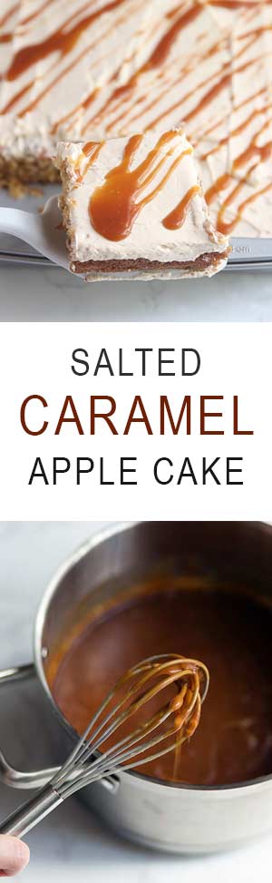 Salted Caramel Apple Cake is a perfect fall dessert. No stand mixer required! Get the recipe from Savory Simple.