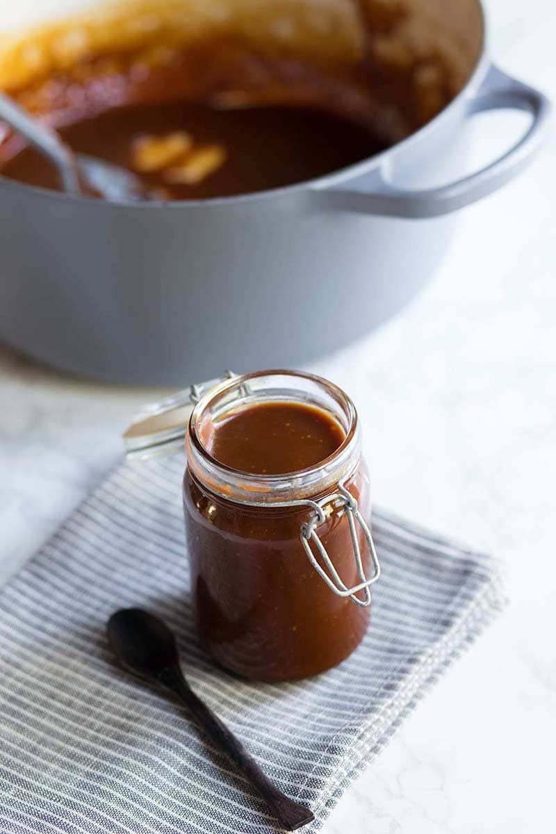 Salted caramel sauce recipe in a mason jar