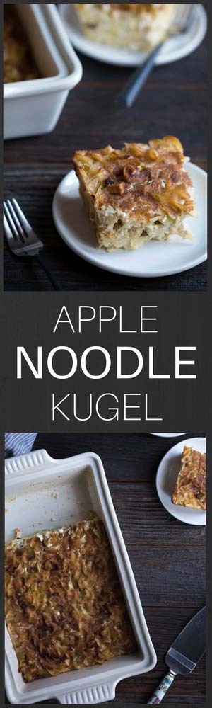 This sweet Apple Noodle Kugel recipe is perfect for celebrating Jewish holidays including Chanukah and Passover! Sour cream, cottage cheese, and a cinnamon-sugar topping help make this a perfect comfort food dish.