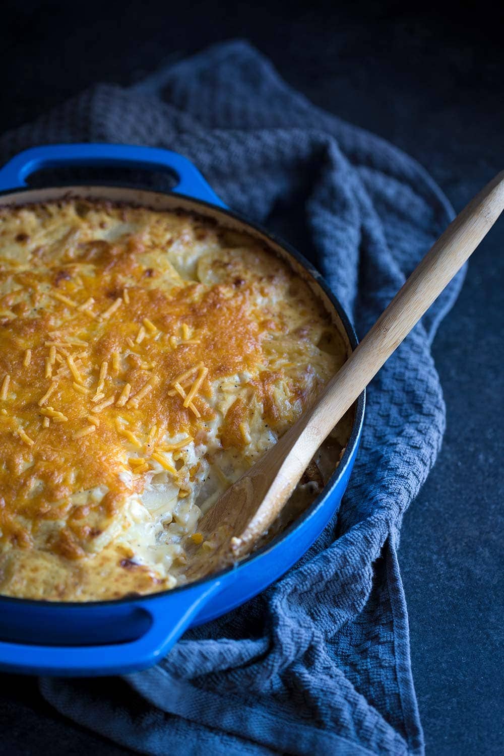 A closeup shot of cheesy au gratin potatoes. 