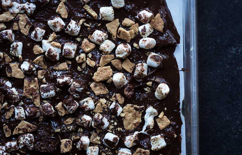 A photo of the s'mores bark assembled and cooling.
