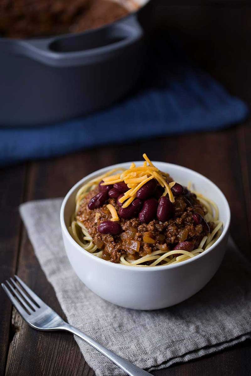 Close up of Easy Cincinnati Chili Recipe in a bowl