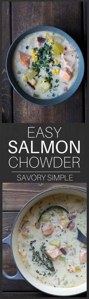 This creamy one-pot Salmon Chowder recipe is as good as anything served in a restaurant, yet it’s incredibly easy to prepare at home! The fresh chives and bacon add tons of flavor. #salmon #chowder #recipe #seafoodchowder #savorysimple