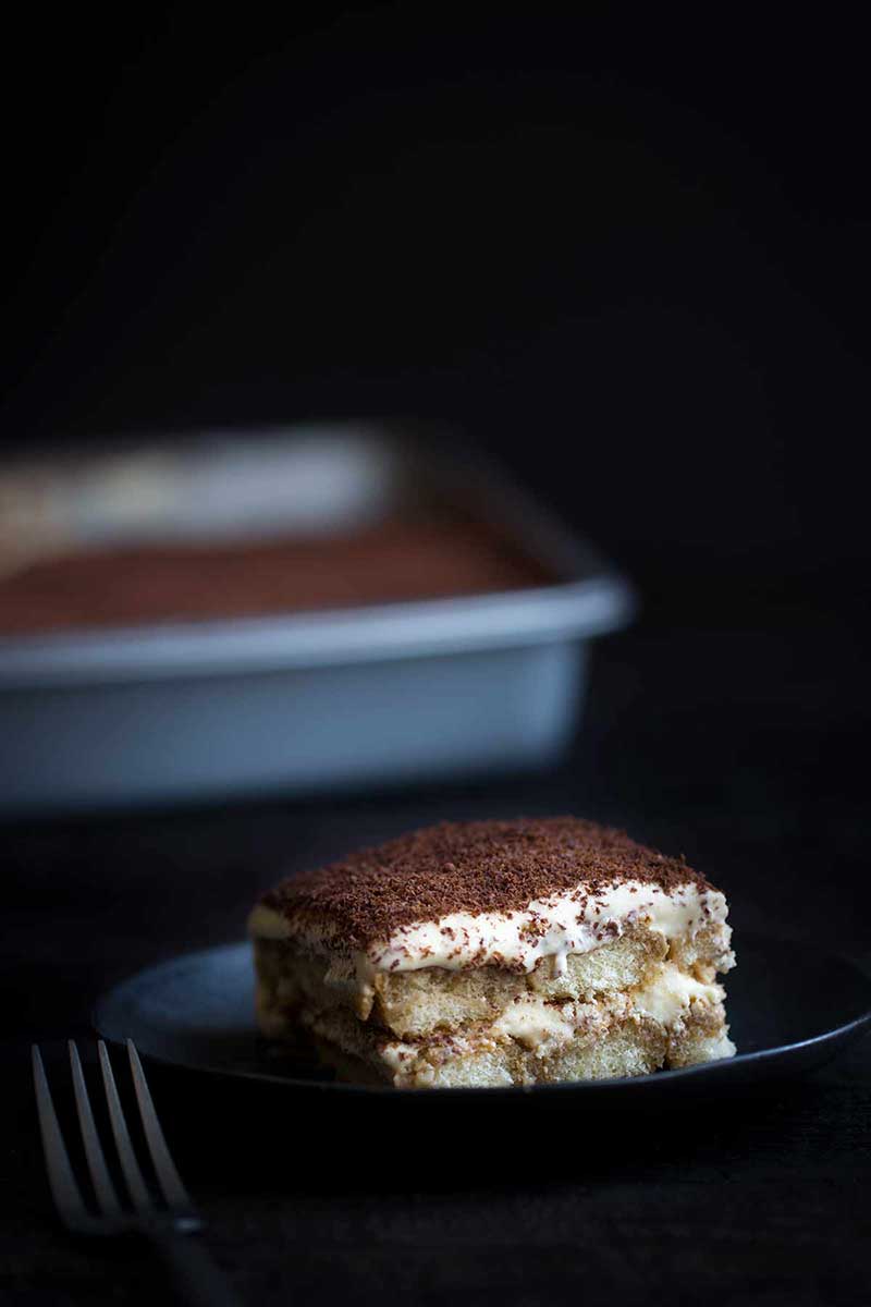closeup of tiramisu on a plate