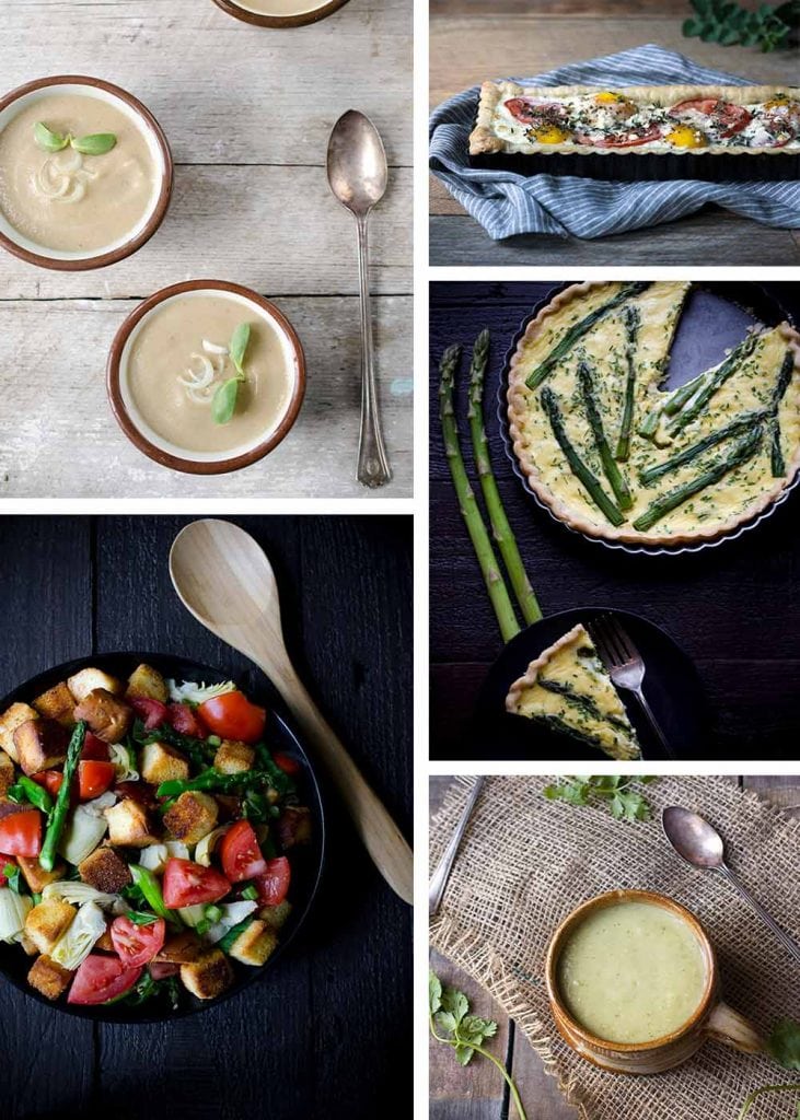 A photo collage of spring recipes from Savory Simple, including Cream of Mushroom and Onion Soup, Spring Panzanella Salad, Tomato Egg Tart, Asparagus Quiche, and Chilled Tomatillo Soup
