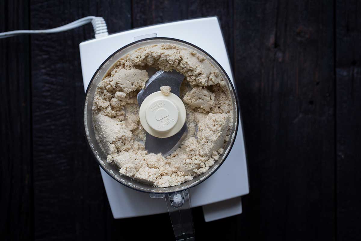 Tahini paste, mid process in a food processor
