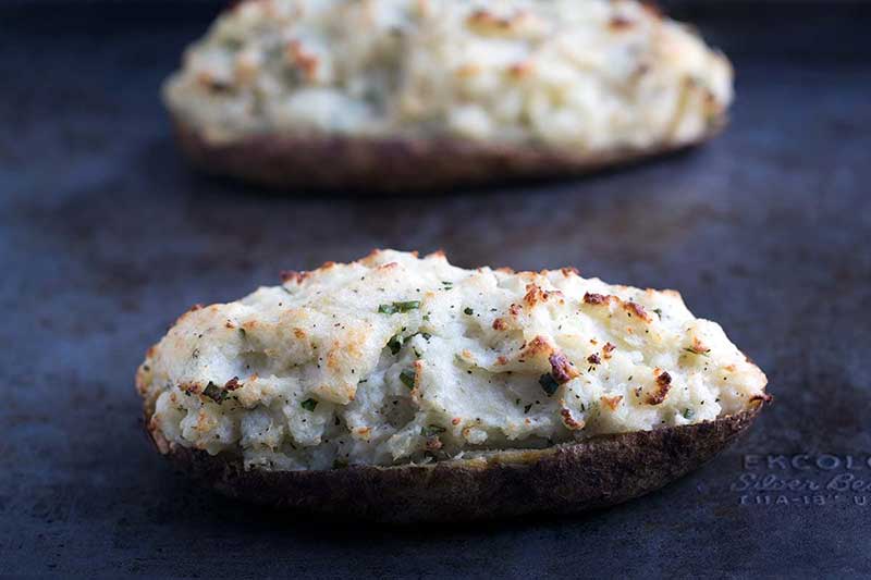 A close up photo of the finished twice-baked potato recipe. 