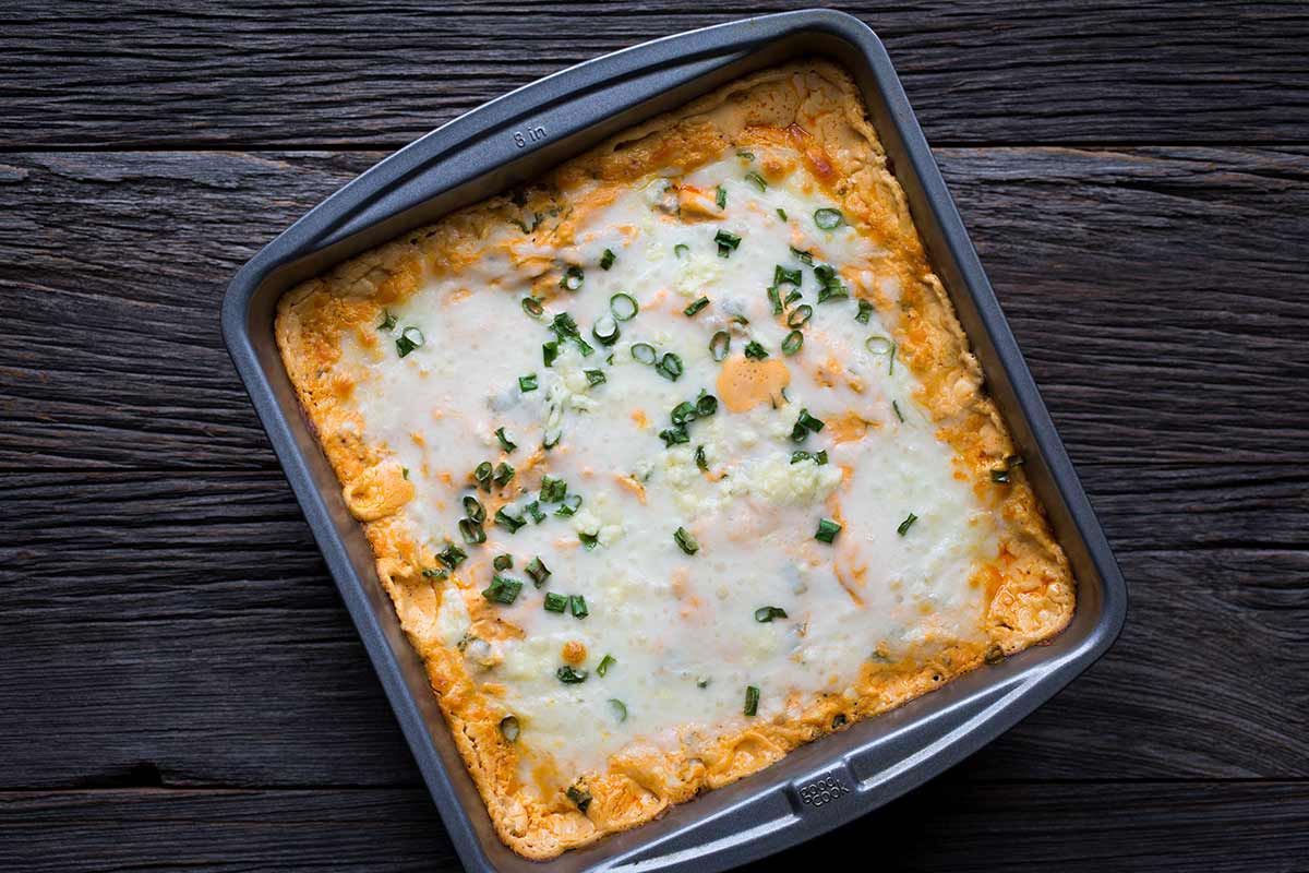 An overhead shot of Buffalo Chicken Dip, just out of the oven.
