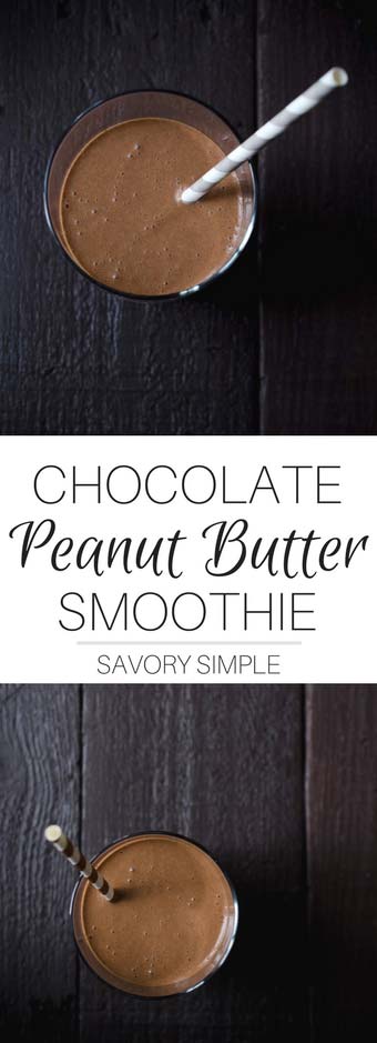 This Chocolate Peanut Butter Smoothie recipe works great as either a breakfast or snack option, keeping me full and satisfying a sweet craving at the same time. You can tweak the recipe to make it a bit lower in fat and calories, and/or higher in protein, depending on your goals.