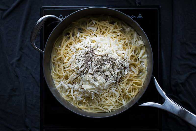 Ingredients for Cacio e Pepe Pasta in a French Skillet.