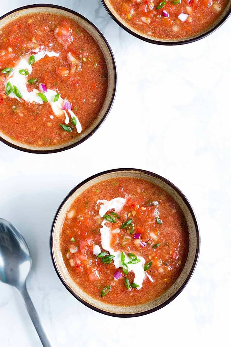A photo of the finished tomato gazpacho recipe.
