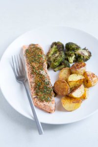 Baked Salmon with Mustard-Chive Sauce, Roasted Potatoes and Broccoli