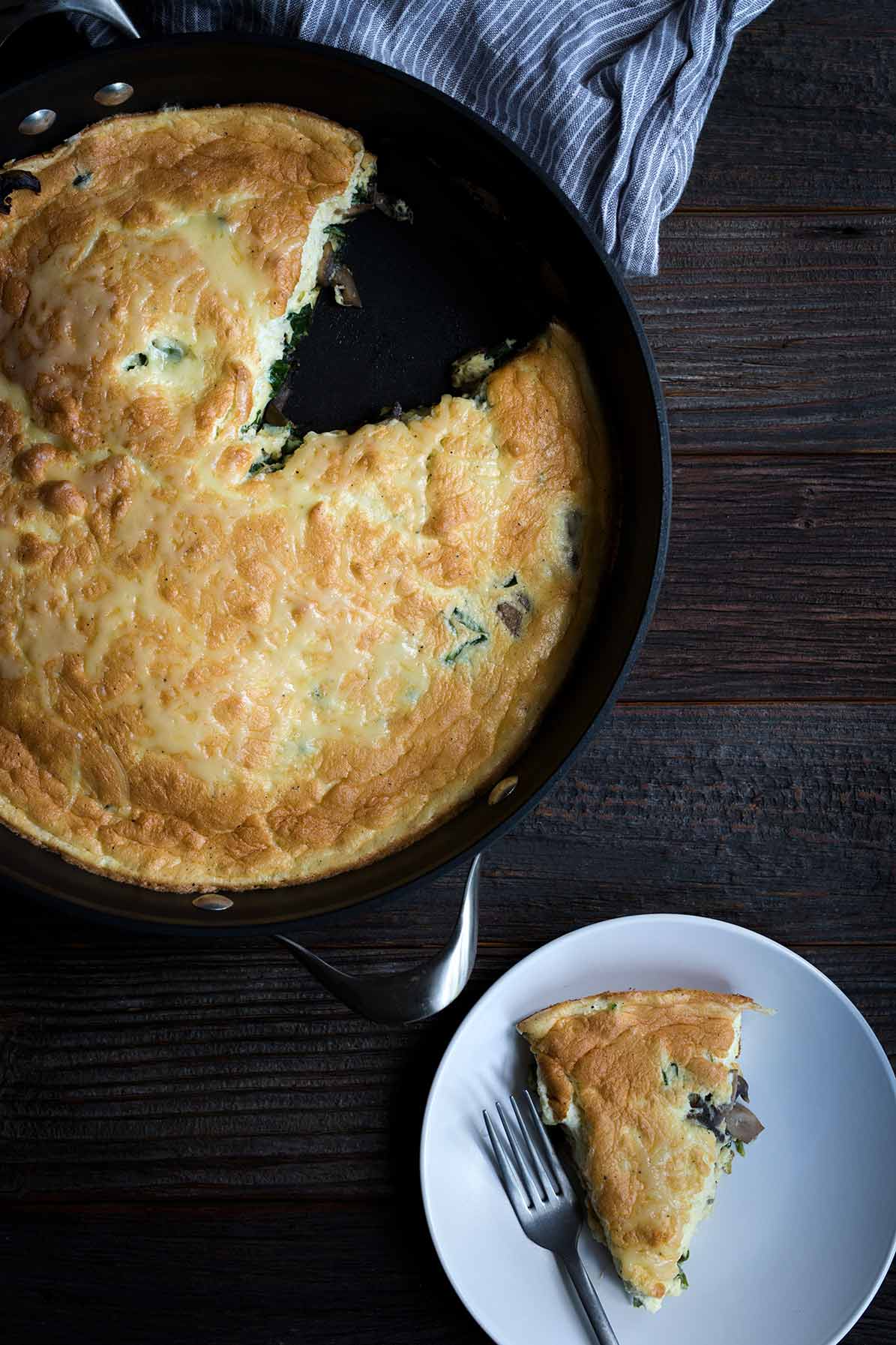 A slice of spinach frittata on a plate.