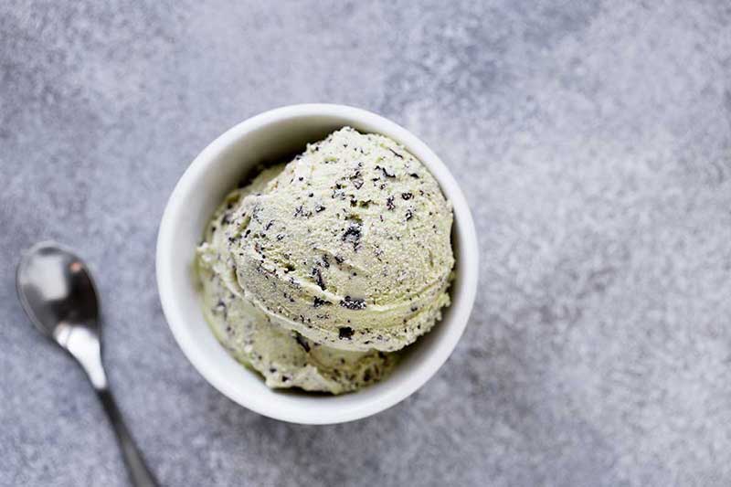 overhead photo: mint chocolate chip ice cream in white bowl next to spoon