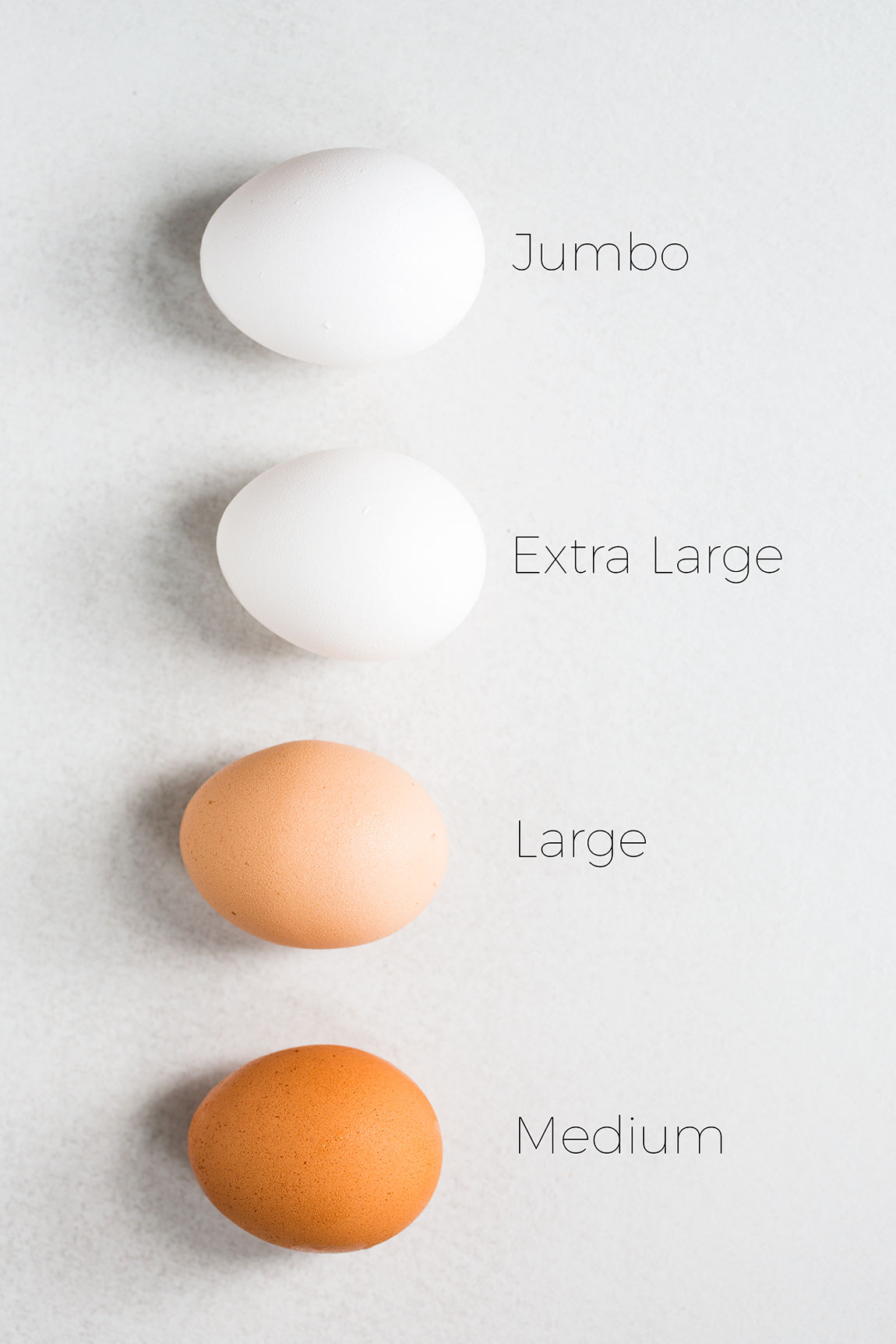 Jumbo, extra large, large, and medium eggs laid out next to each other for egg size comparison, with text overlays to identify each egg.