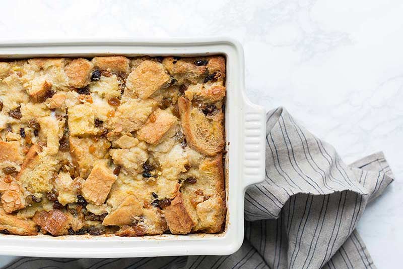 An overhead photo of homemade bread pudding.