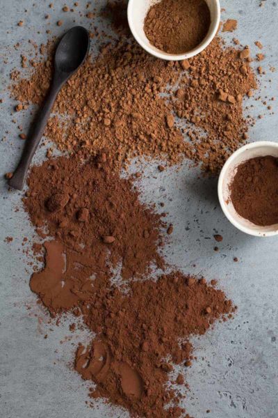 A photo comparing Natural and Dutch-processed cocoa powder side by side.