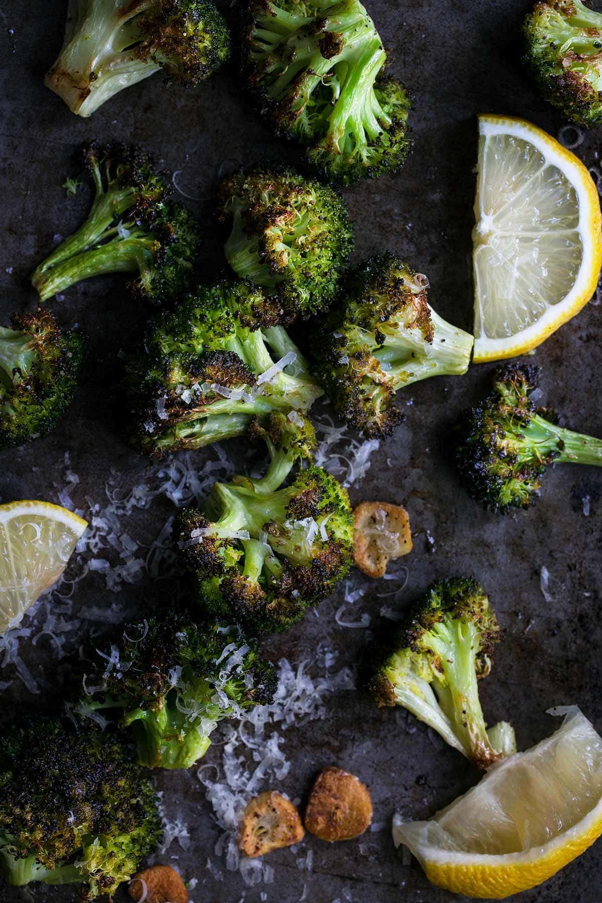 Roasted broccoli with lemon and garlic, topped with freshly grated parmesan cheese