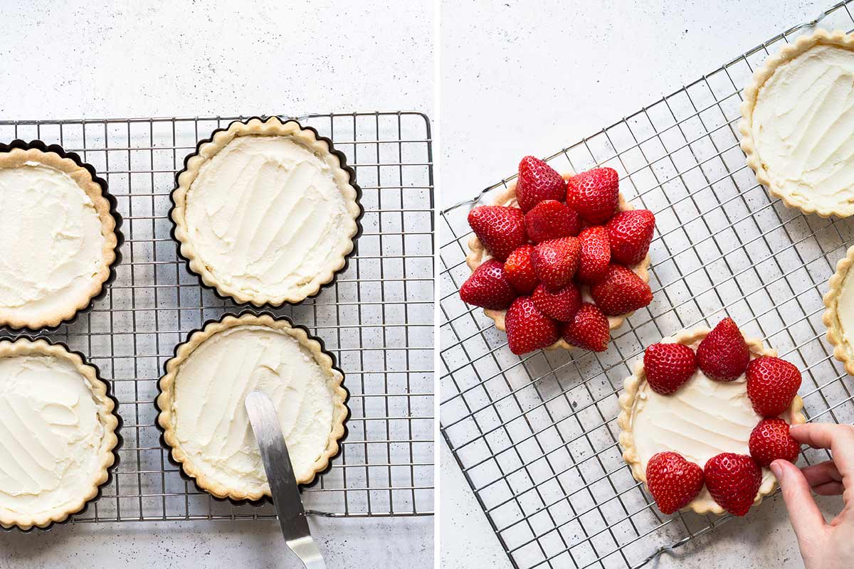 Two side-by-side process shots of making the strawberry tart recipe - on the left is a photo of spreading the filling inside the shell. On the right, a hand places the strawberries over the filling.