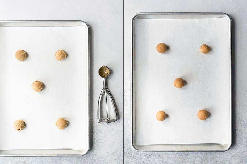 Scooping and shaping raw cookie dough onto baking pans