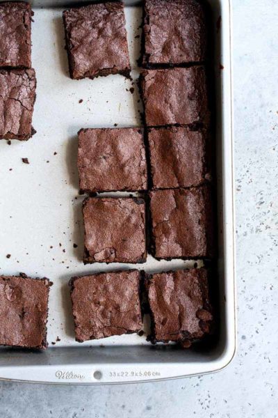 Homemade Brownies in a 9x13 baking pan shot from overhead
