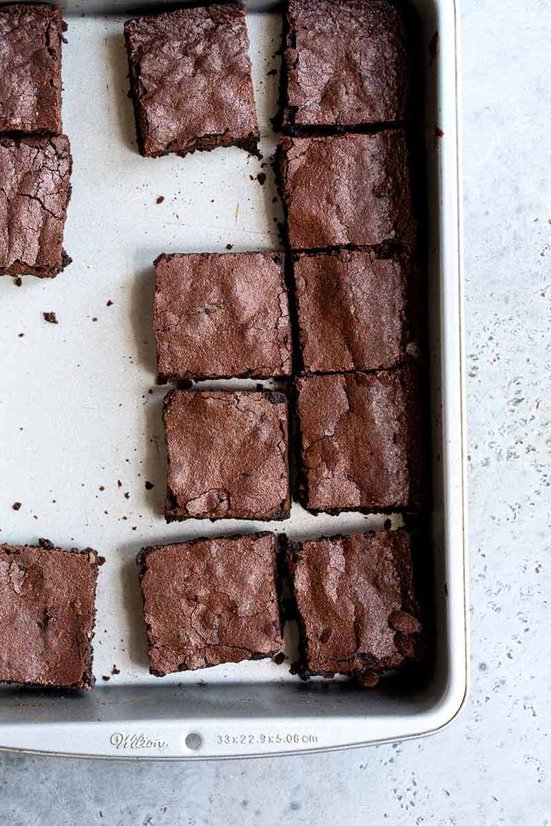 Homemade Brownies in a 9x13 baking pan shot from overhead