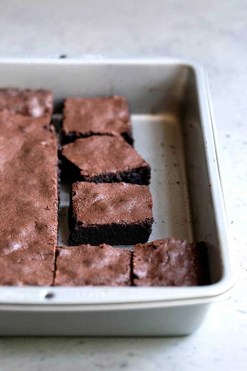 Chocolate brownies from scratch in a 9x13 baking pan.