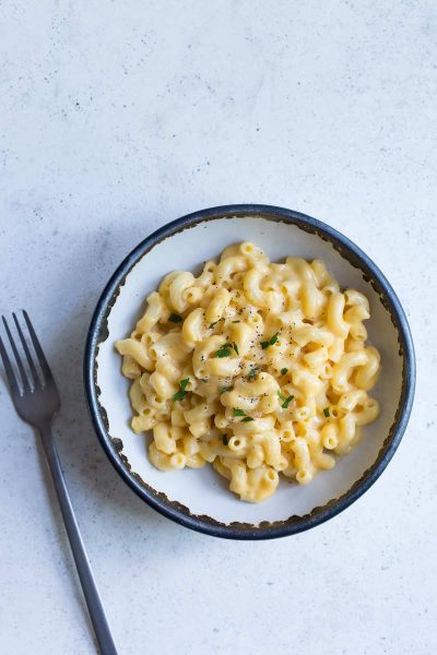 3 Cheese Mac and Cheese in a bowl with a fork