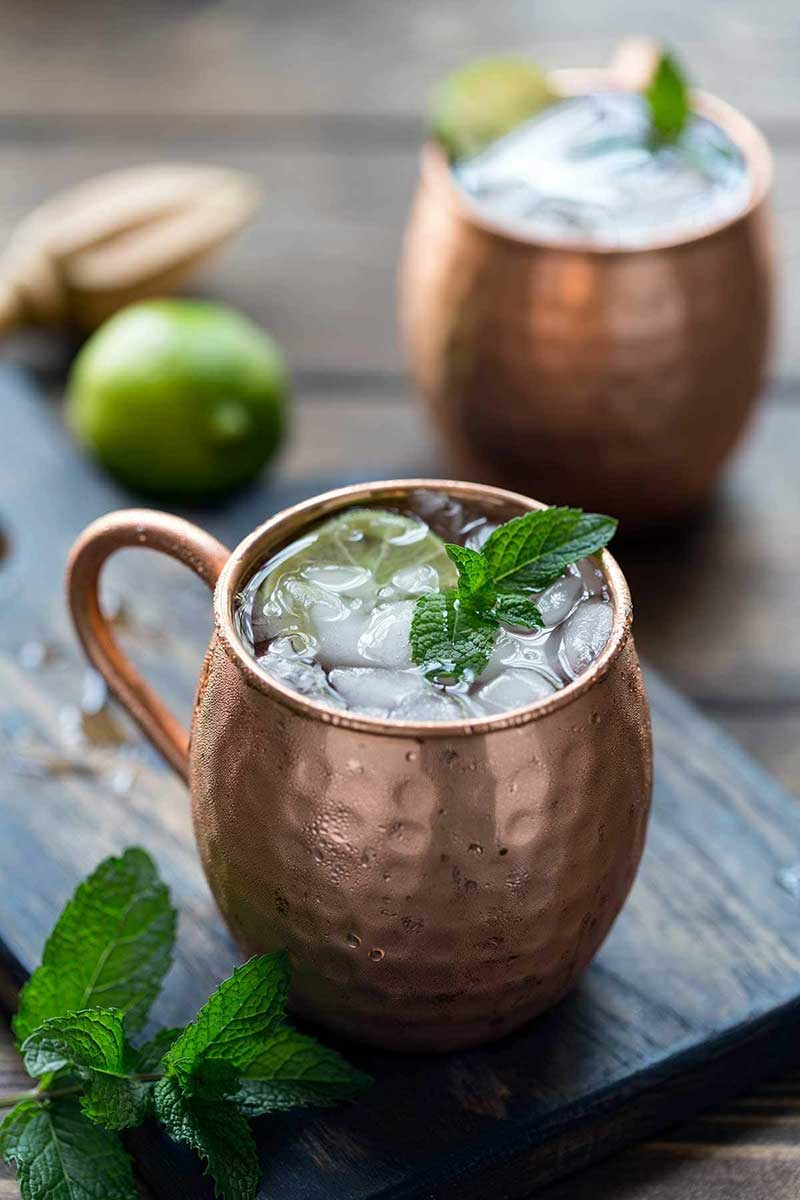 closeup of Moscow mule garnished with mint