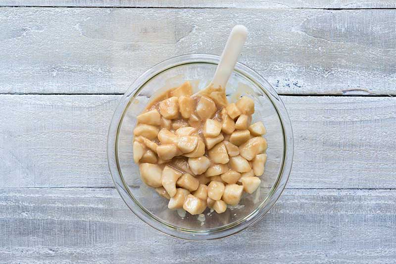 A photo of pear filling for fruit cobbler.