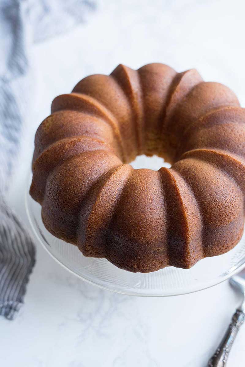 Bacardi rum cake recipe on a cake stand