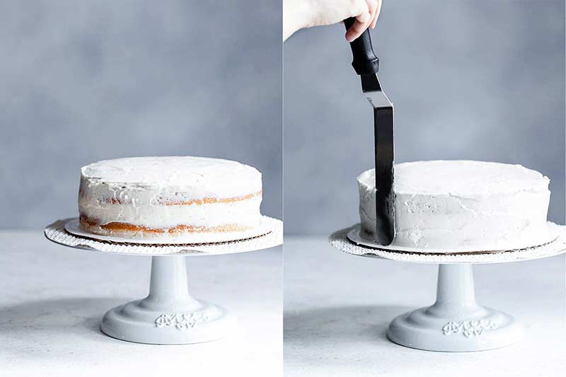 side by side photos: Adding a frosting crumb layer on cake , and final layer of vanilla frosting being added