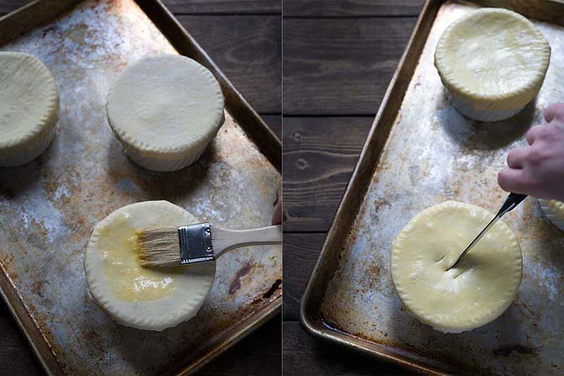 Using egg wash and slicing air vents into dough.