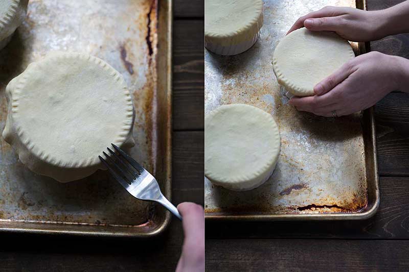 Crimping and shaping dough over ramekin for mushroom pot pie