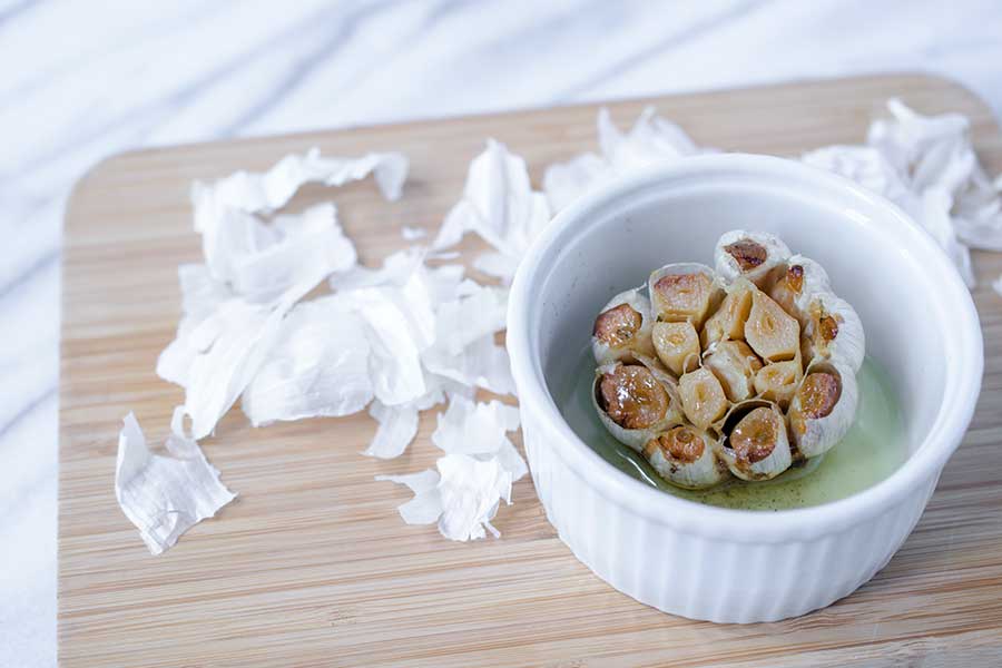Roasted garlic in a ramekin