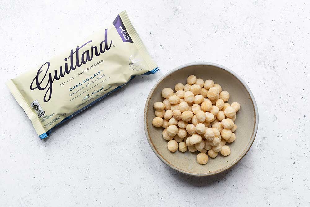 Guittard white chocolate chips and raw macadamia nuts