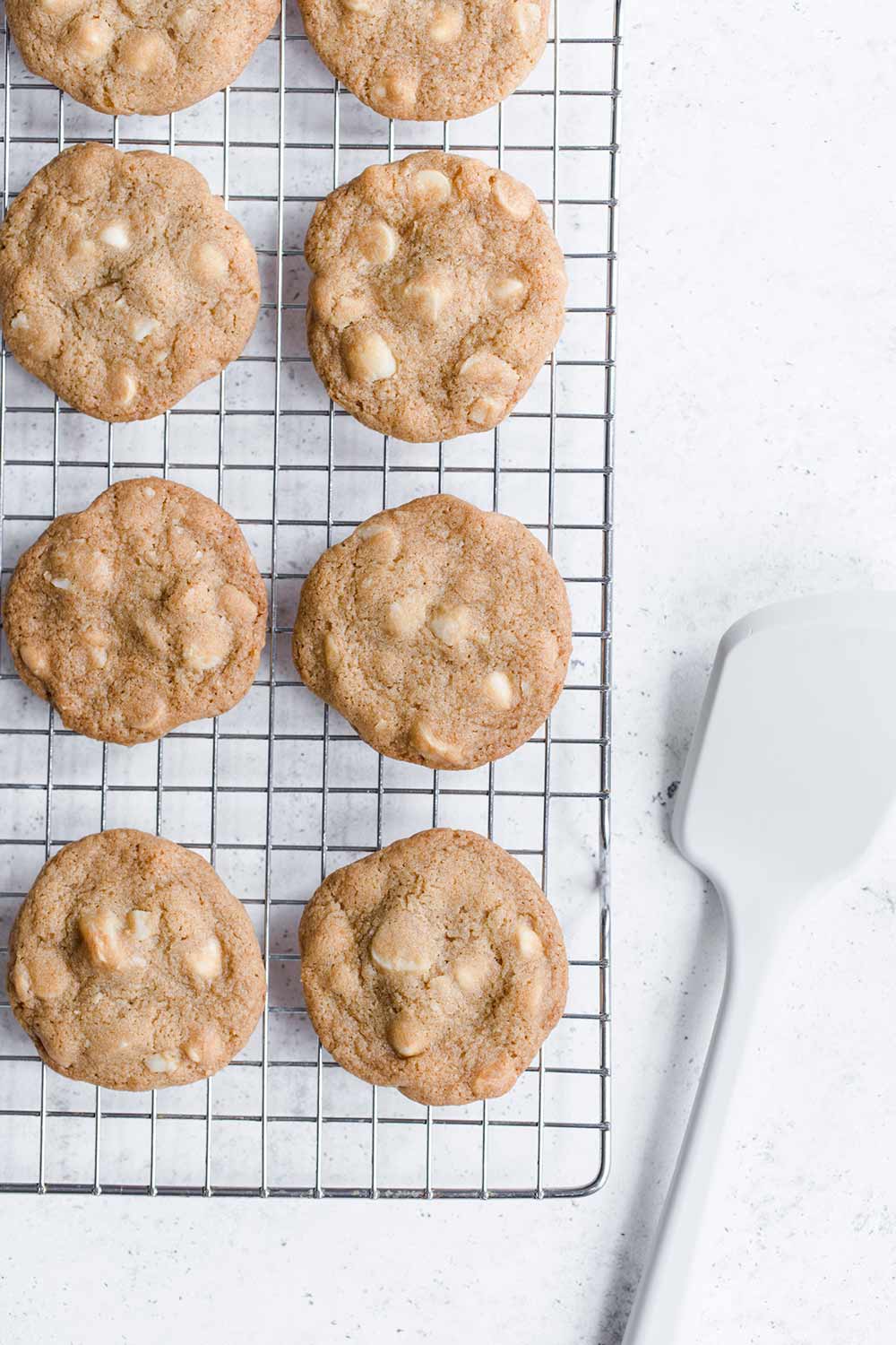 White chocolate macadamia nut cookie recipe cooling on a wire rack