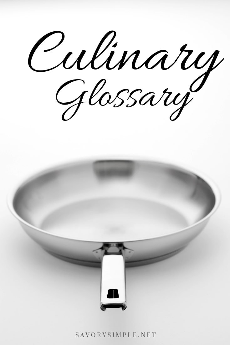 Cooking terms featured image of a skillet with 'Culinary Glossary' text overlay.