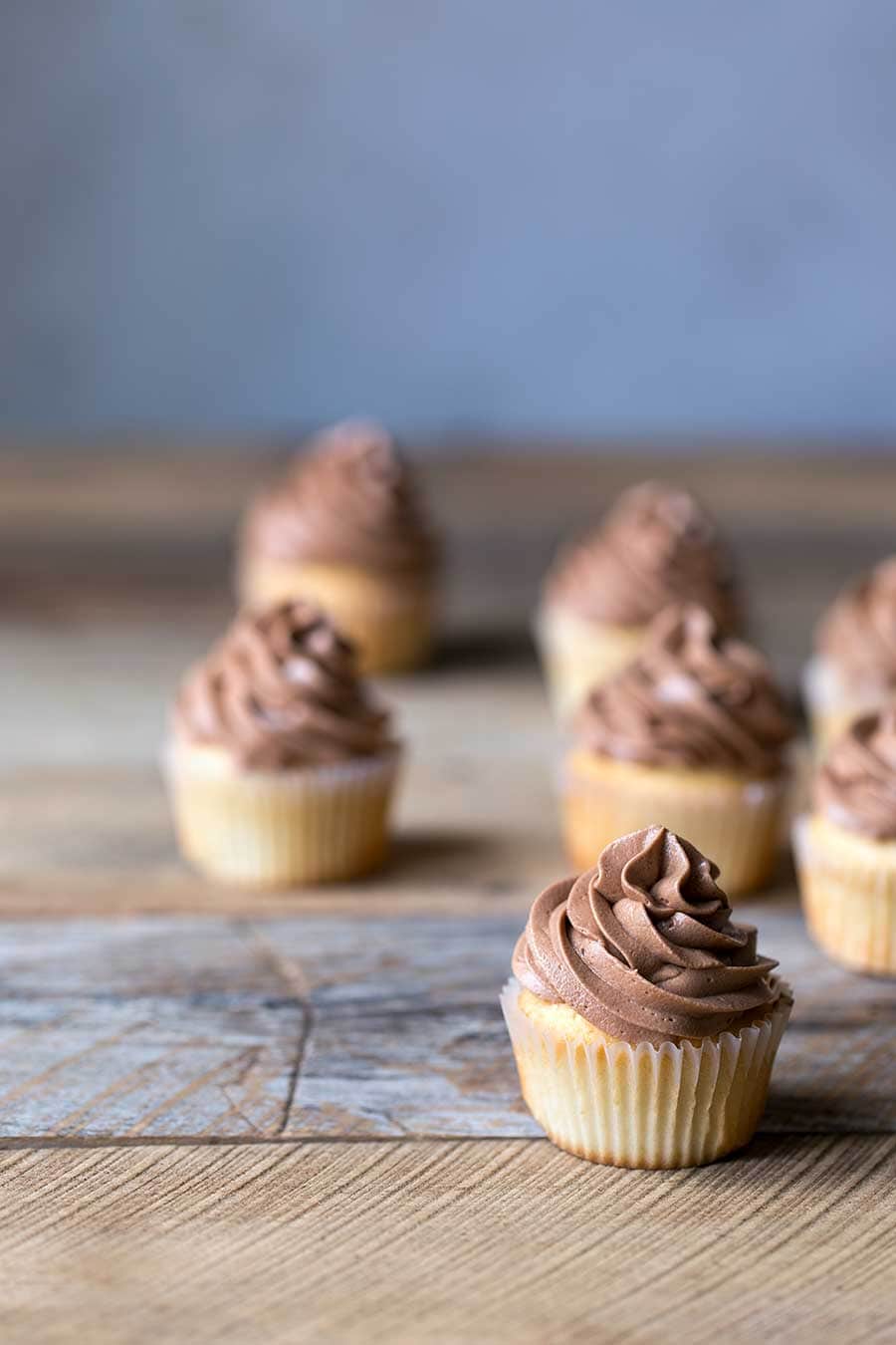 Vanilla cupcakes spread out on a wood backdrop