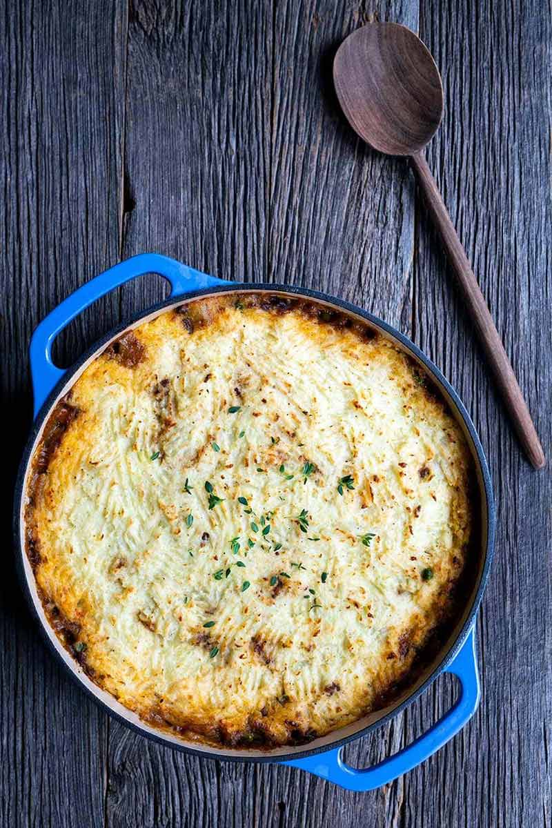 Shepherd's Pie in a blue casserole dish