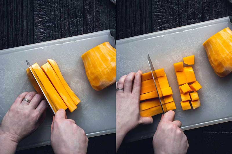 2 photos side-by-side demonstrating how to cut butternut squash into cubes