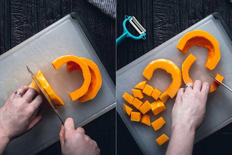 2 photos side-by-side demonstrating how to cut butternut squash into cubes