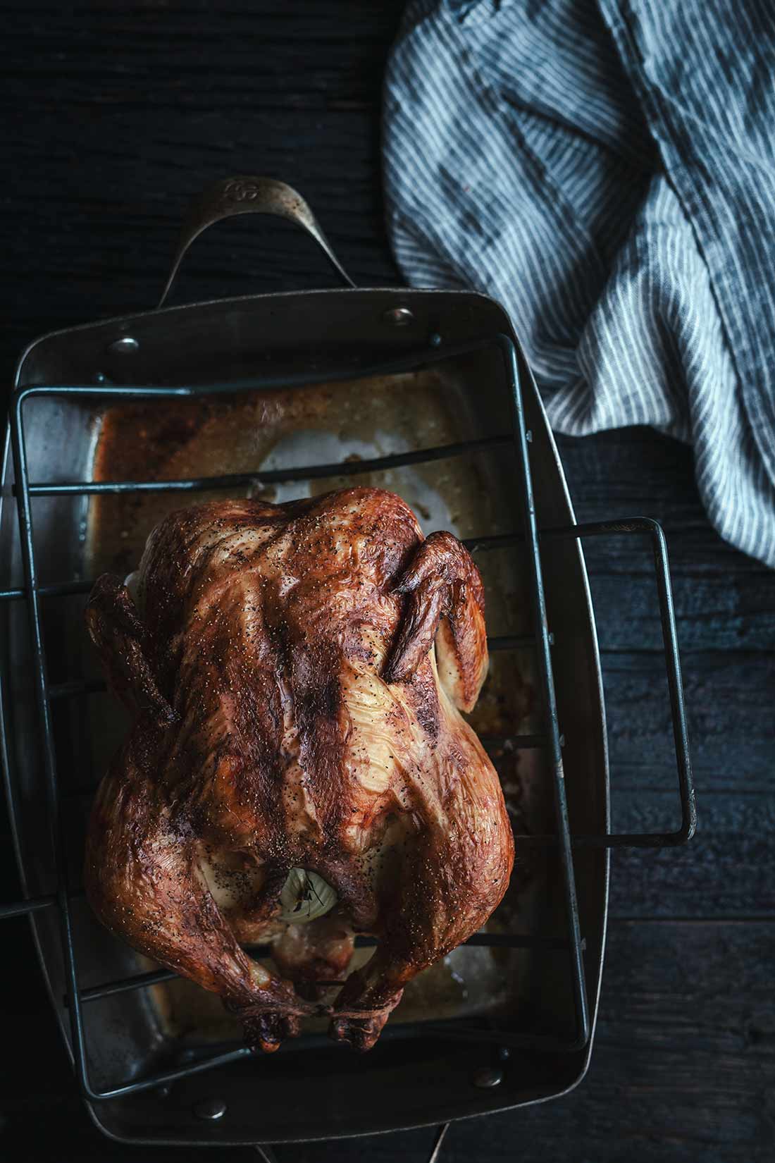 Buttermilk roasted chicken in roasting pan