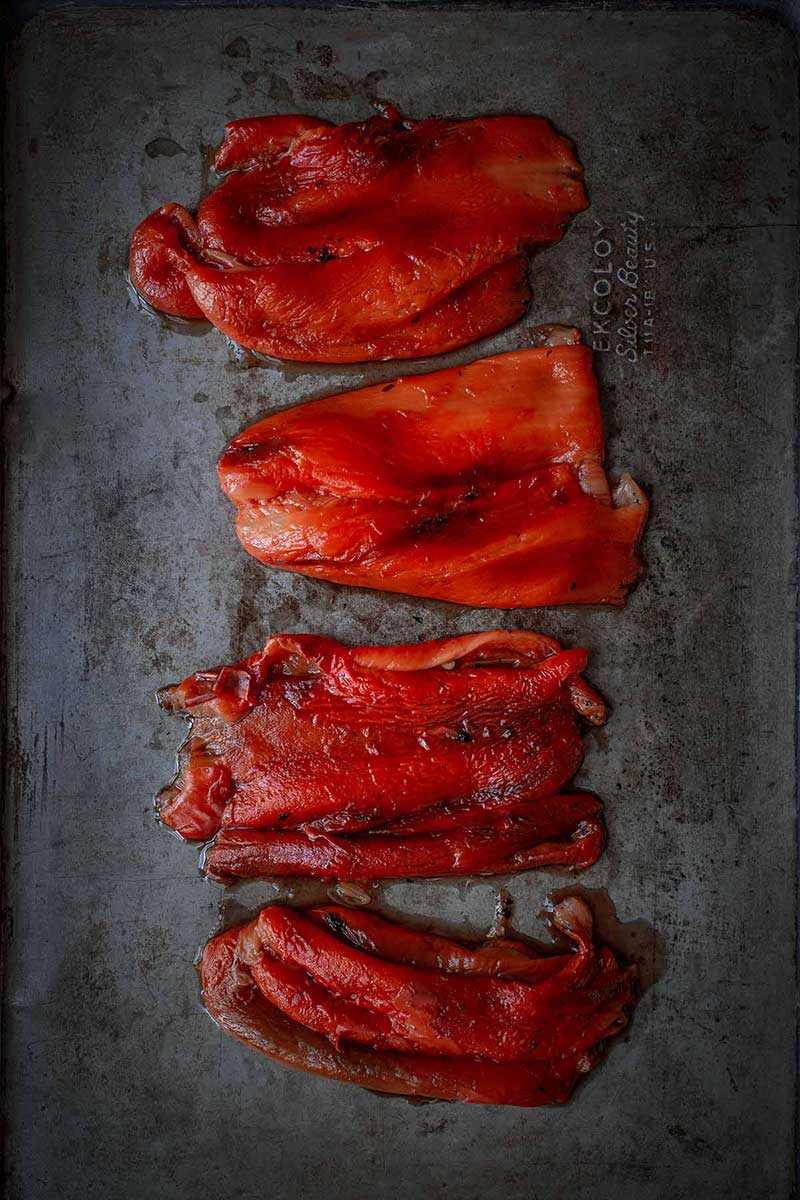 Roasted Red Peppers on a sheet pan