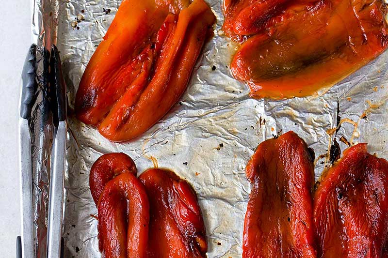 Roasted peppers with tongs for how to roast red peppers tutorial