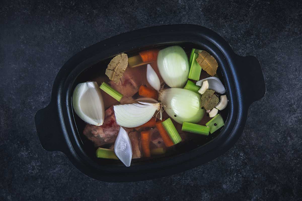 Overhead shot of ingredients in slow cooker