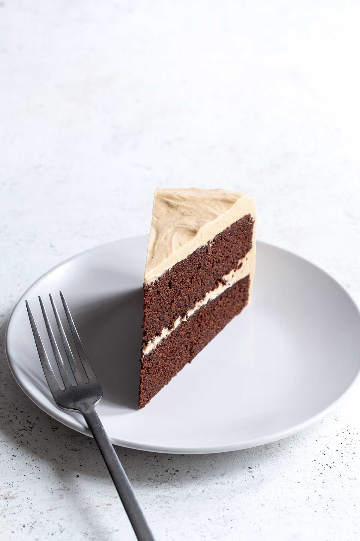 chocolate peanut butter cake slice with fork